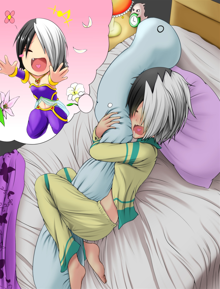 1girl, artist_request, bare_shoulders, barefoot, bed, black_hair, blush, blush_stickers