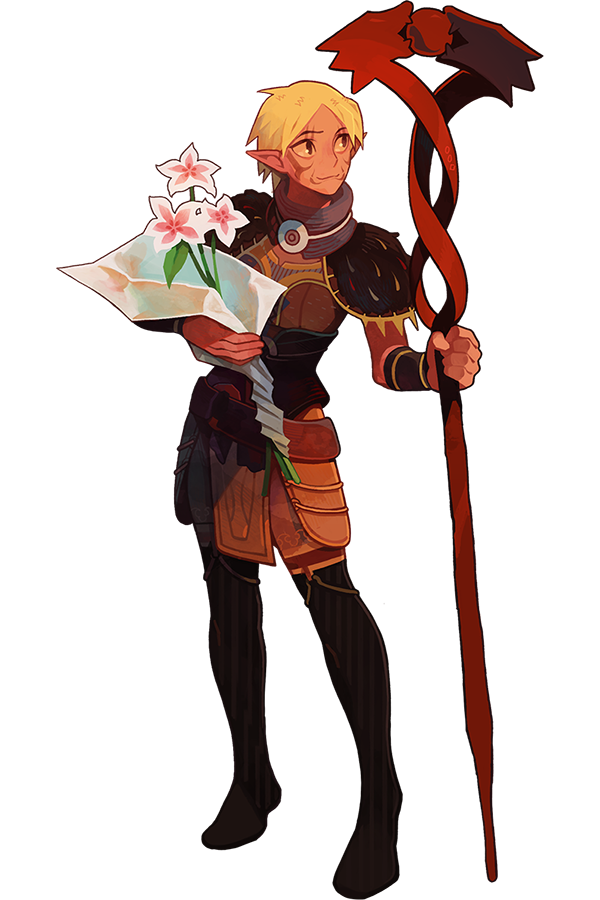 1girl, 2gold, armor, blonde_hair, bouquet, dragon_age, dragon_age:_origins, elf