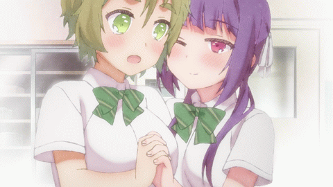 (no-rin), 2girls, animated, animated_gif, blue_hair, brown_hair, green_eyes, kinoshita_ringo