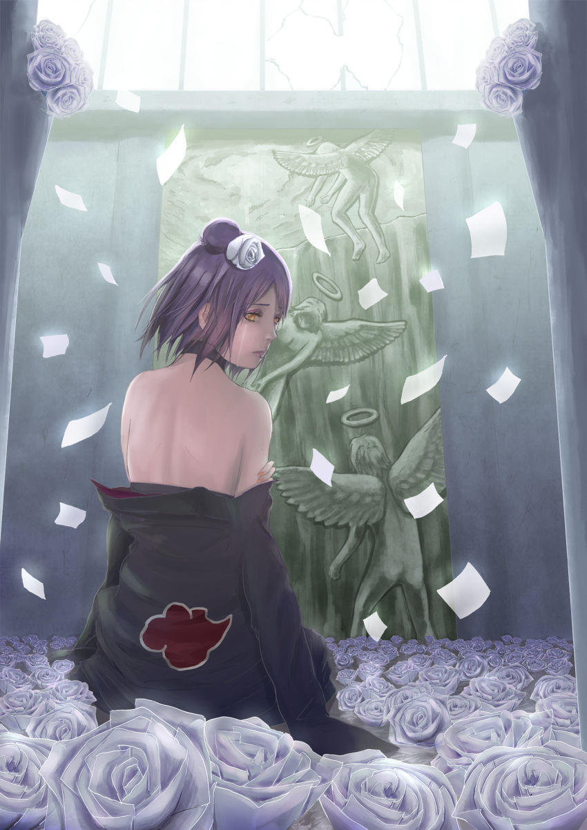 1girl, artist_request, back, blue_hair, flower, hair_bun, hair_flower, hair_ornament