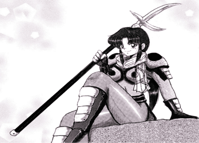 1girl, bushido_blade, fingerless_gloves, gloves, mikado, monochrome, solo, tagme