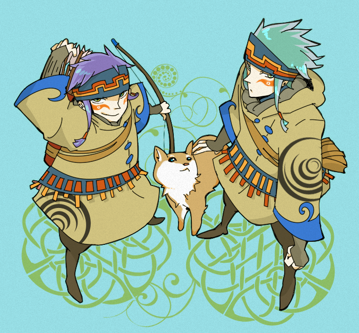 2boys, animal, arrow, artist_request, bow_(weapon), dog, green_hair, headband