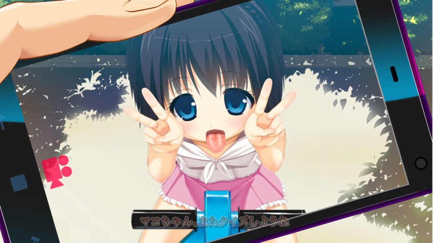 1girl, black_hair, blue_eyes, blush, camera, camera_phone, cellphone, double_v, kouen_itazura_simulator_ver_mako, looking_at_viewer, miketa_mako, misooden, open_mouth, pov, recording, shiritsu_sakuranbo_shougakkou, smartphone, tongue, tongue_out, v