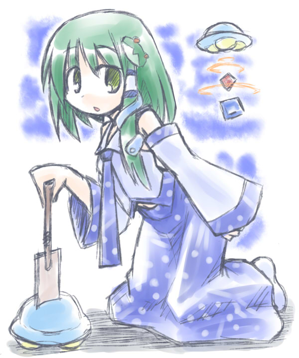 green_eyes, green_hair, kneeling, kochiya_sanae, kugelschreiber, kuugerushureibaa, long_skirt, skirt