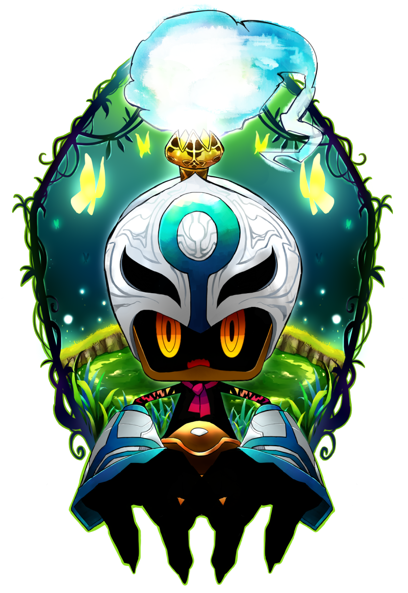 androgynous, armor, bag, butterfly, claws, gradient, gradient_background, grass