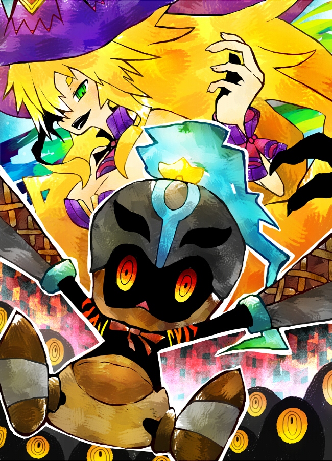 1girl, armor, bag, blonde_hair, claws, green_eyes, hat, helmet