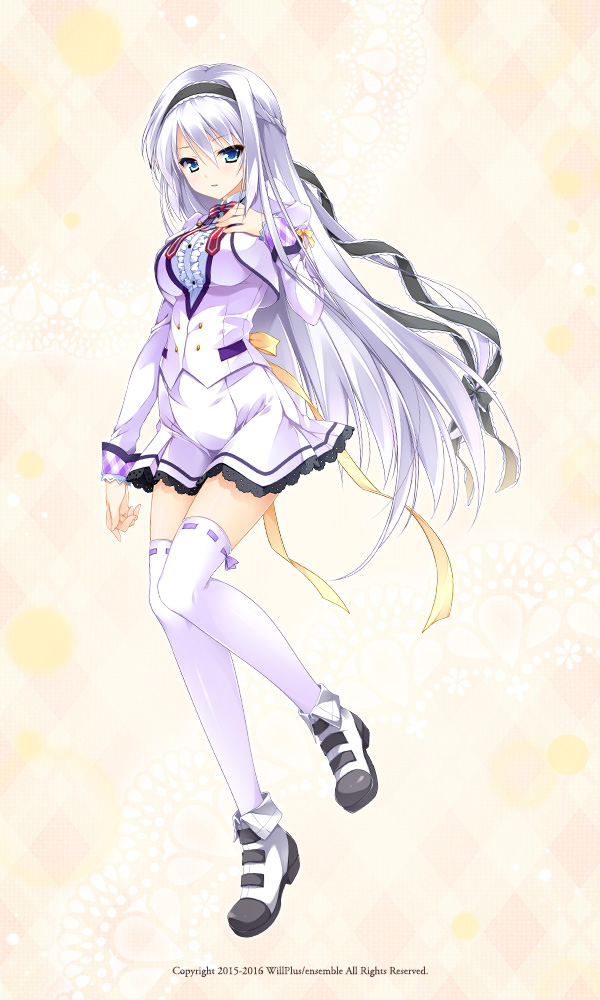 1girl, amagi_sakuya, artist_request, blue_eyes, blush, braids, character_request, female, hairband, long_hair, otome_ga_irodoru_koi_no_essence, ribbon, source_request, thigh-highs, white_hair