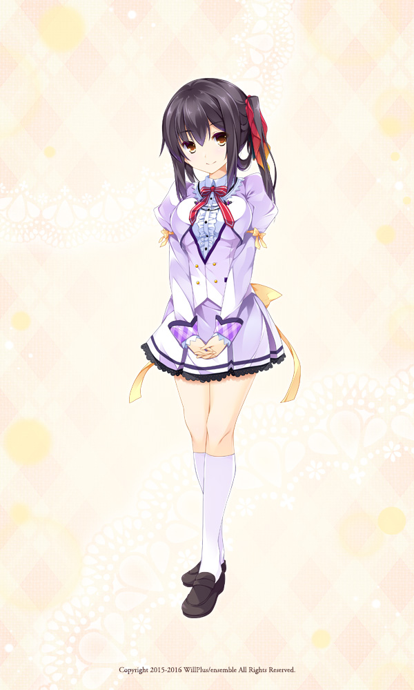 1girl, ahoge, artist_request, black_hair, character_request, chihara_noa, female, long_hair, otome_ga_irodoru_koi_no_essence, ribbon, smile, source_request, yellow_eyes