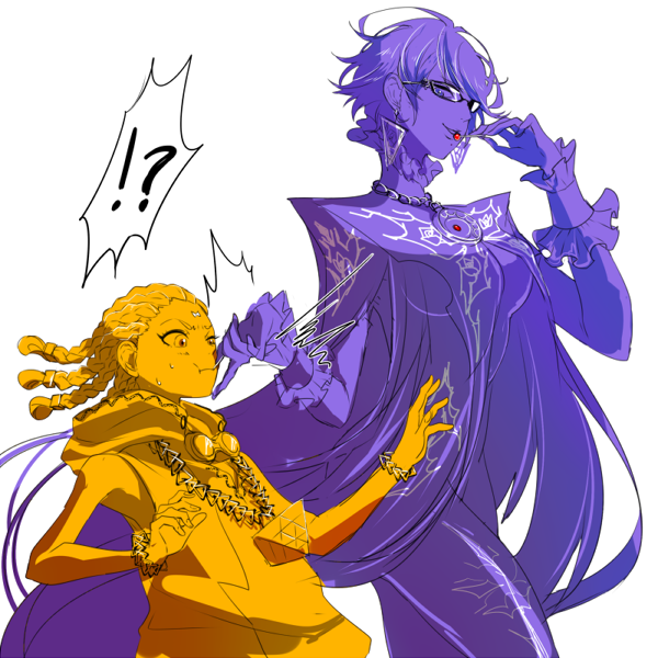 !?, 1boy, 1girl, bayonetta, bayonetta_(character), bayonetta_2, blue_eyes, breasts