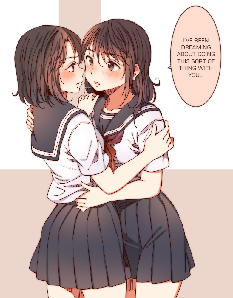 2girls, blush, brown_eyes, brown_hair, eye_contact, hachiko_(hati12), hard_translated, hug
