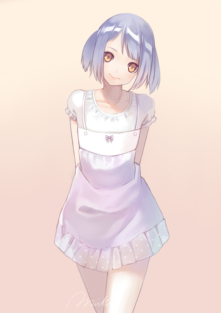 1girl, artist_name, bow, collarbone, dress, gradient, gradient_background, hazel_eyes