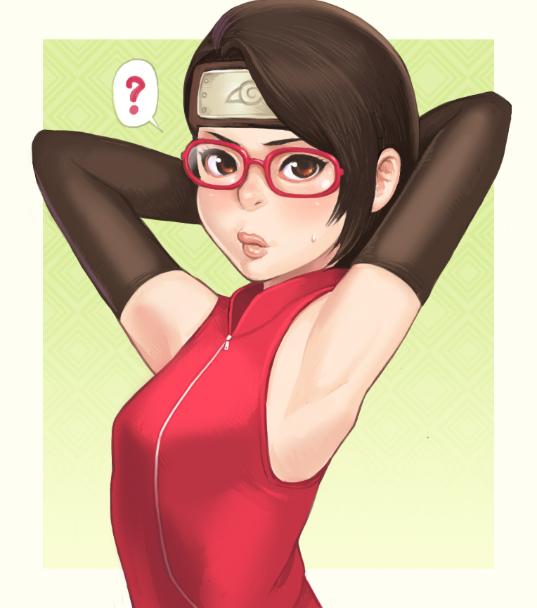 1girl, ?, armpits, arms_behind_head, arms_up, bangs, black_gloves, black_hair, blush, boruto:_the_movie, breasts, brown_eyes, elbow_gloves, forehead_protector, glasses, gloves, konohagakure_symbol, lips, looking_at_viewer, maou_alba, naruto, red-framed_eyewear, red-framed_glasses, showing_armpits, sleeveless, small_breasts, solo, sweatdrop, swept_bangs, uchiha_sarada, upper_body, zipper
