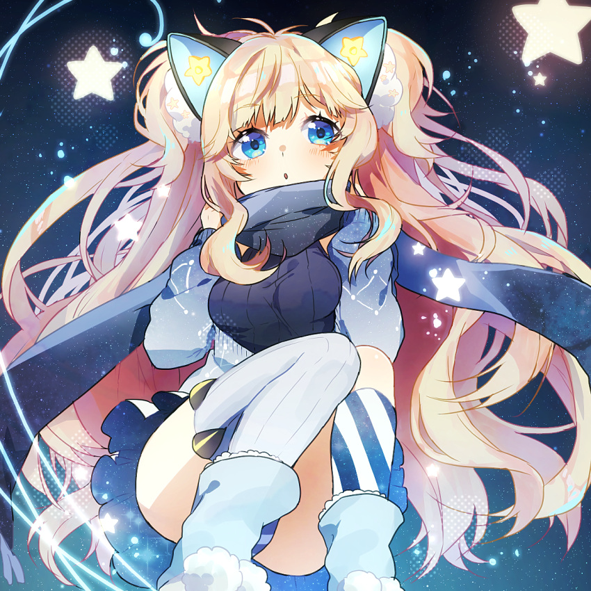 1girl, blonde_hair, blue_eyes, blush, dress, female, long_hair, scarf