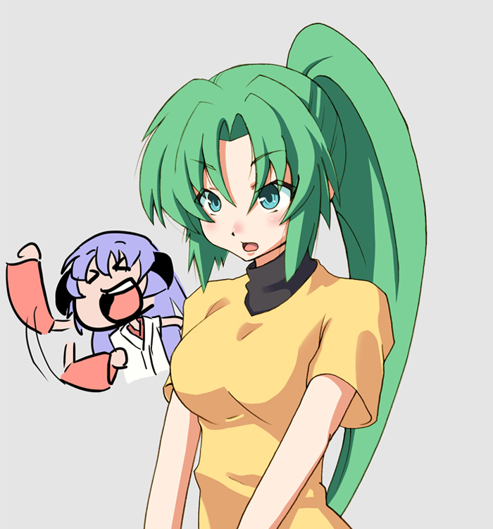 breasts, chama_(karaginan), detached_sleeves, green_hair, hanyuu, higurashi_no_naku_koro_ni, horns, japanese_clothes