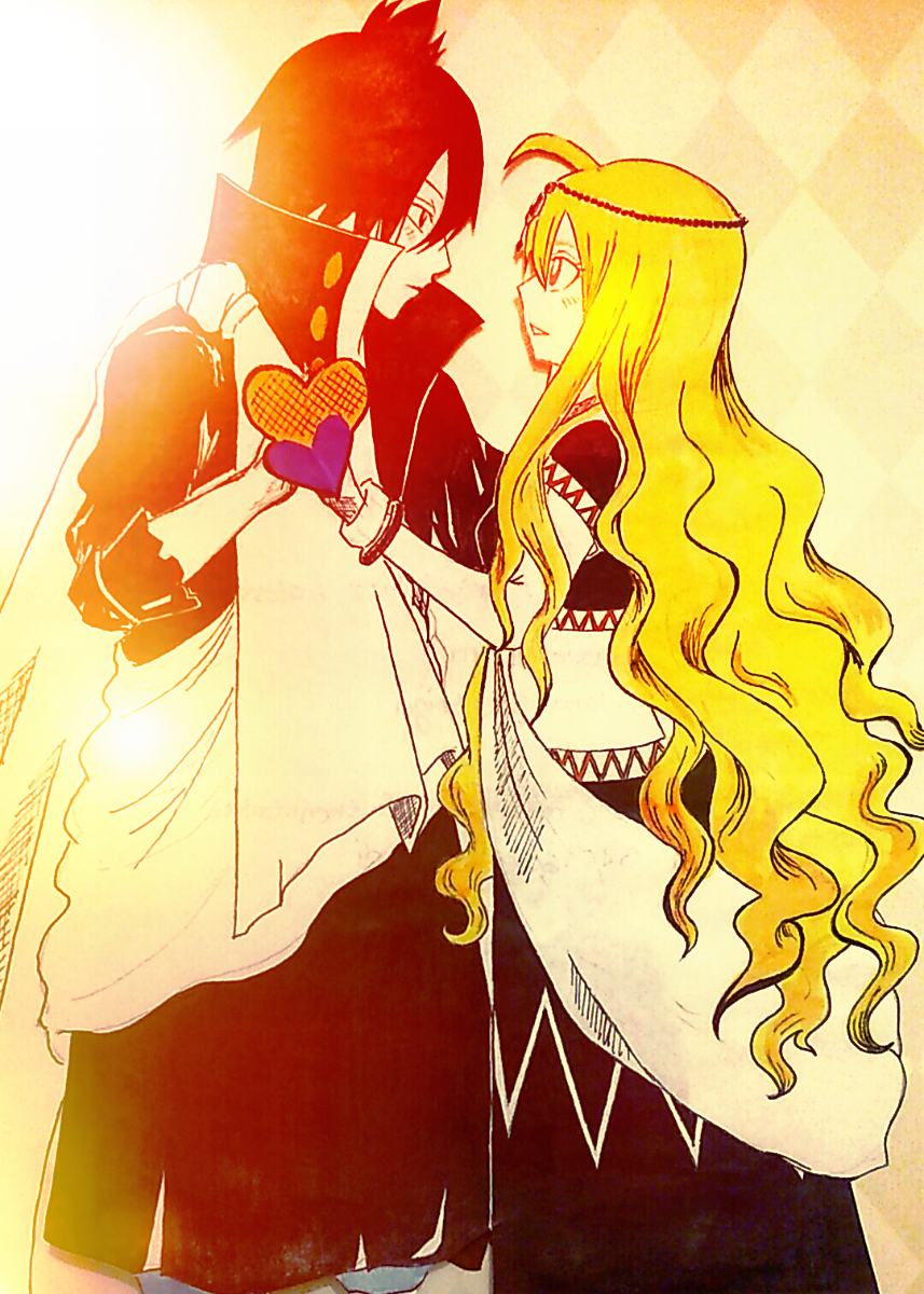 1boy, 1girl, black_hair, blonde_hair, couple, double, fairy_tail, hand_holding