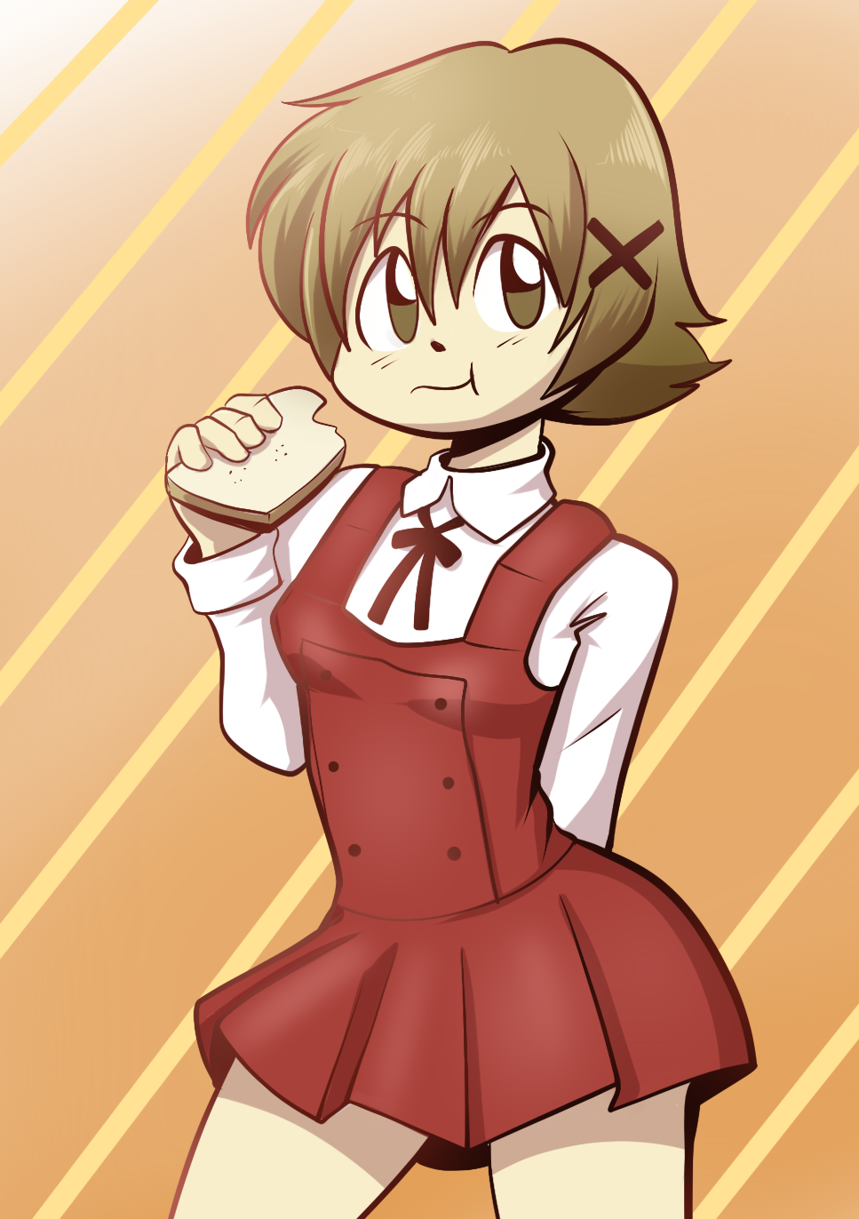 1girl, anaugi, arm_behind_back, bread, brown_eyes, brown_hair, contrapposto, cowboy_shot