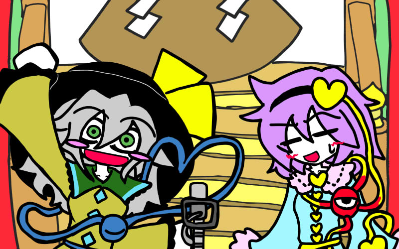 2girls, closed_eyes, eyeball, green_eyes, hair_ornament, hat, komeiji_koishi, komeiji_satori