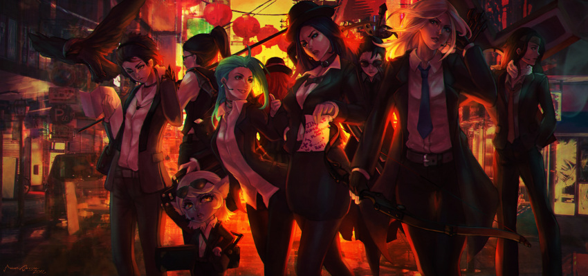 6+girls, alley, alternate_costume, ashe_(league_of_legends), caitlyn_(league_of_legends), hat, jinx_(league_of_legends), kalista