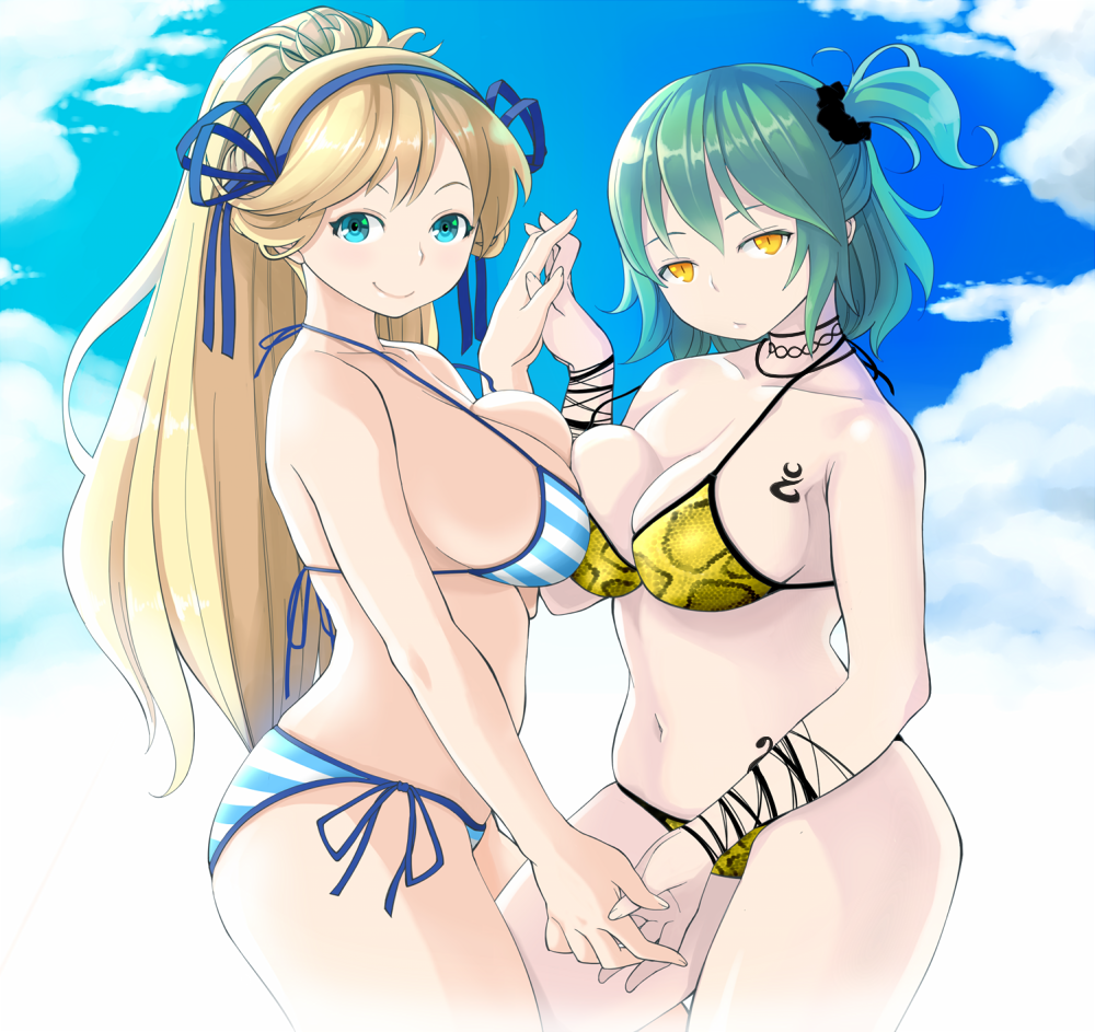 2girls, bikini, blonde_hair, blue_eyes, breast_press, breasts, cleavage, curvy, green_hair, hikage_(senran_kagura), katsuragi_(senran_kagura), kuchibiru, large_breasts, long_hair, looking_at_viewer, multiple_girls, navel, ponytail, senran_kagura, senran_kagura_(series), side_ponytail, smile, standing, swimsuit, symmetrical_docking, tattoo, yellow_eyes