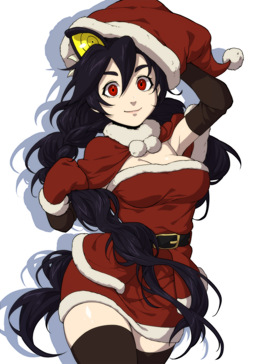 1girl, black_hair, braid, breasts, christmas, female, filia_(skullgirls), ganno