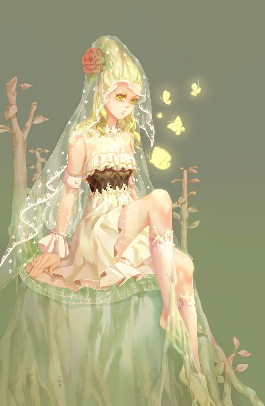 1girl, absurdres, bare_shoulders, blonde_hair, butterfly, dama_(sindygao), detached_sleeves, dress