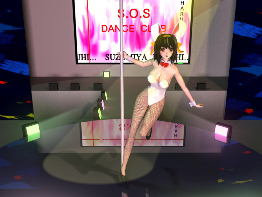 1girl, 3d, alternate_breast_size, animal_ears, breasts, bunnysuit, character_name, cleavage