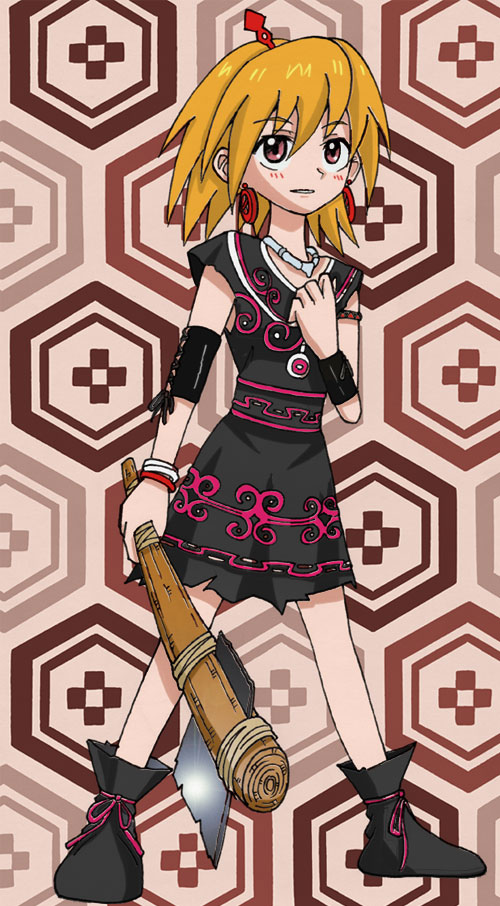 1girl, artist_request, axe, blonde_hair, brown_eyes, dress, female, full_body