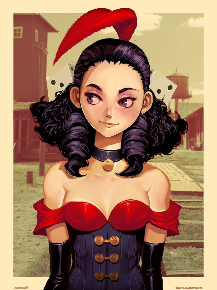 bare_shoulders, black_hair, choker, corset, cup, curly_hair, dice, drill_hair, feathers, genzoman, long_gloves, original, rose_(the_wanderer), saloon_girl, the_wanderer, tied_hair, town, twintails, western