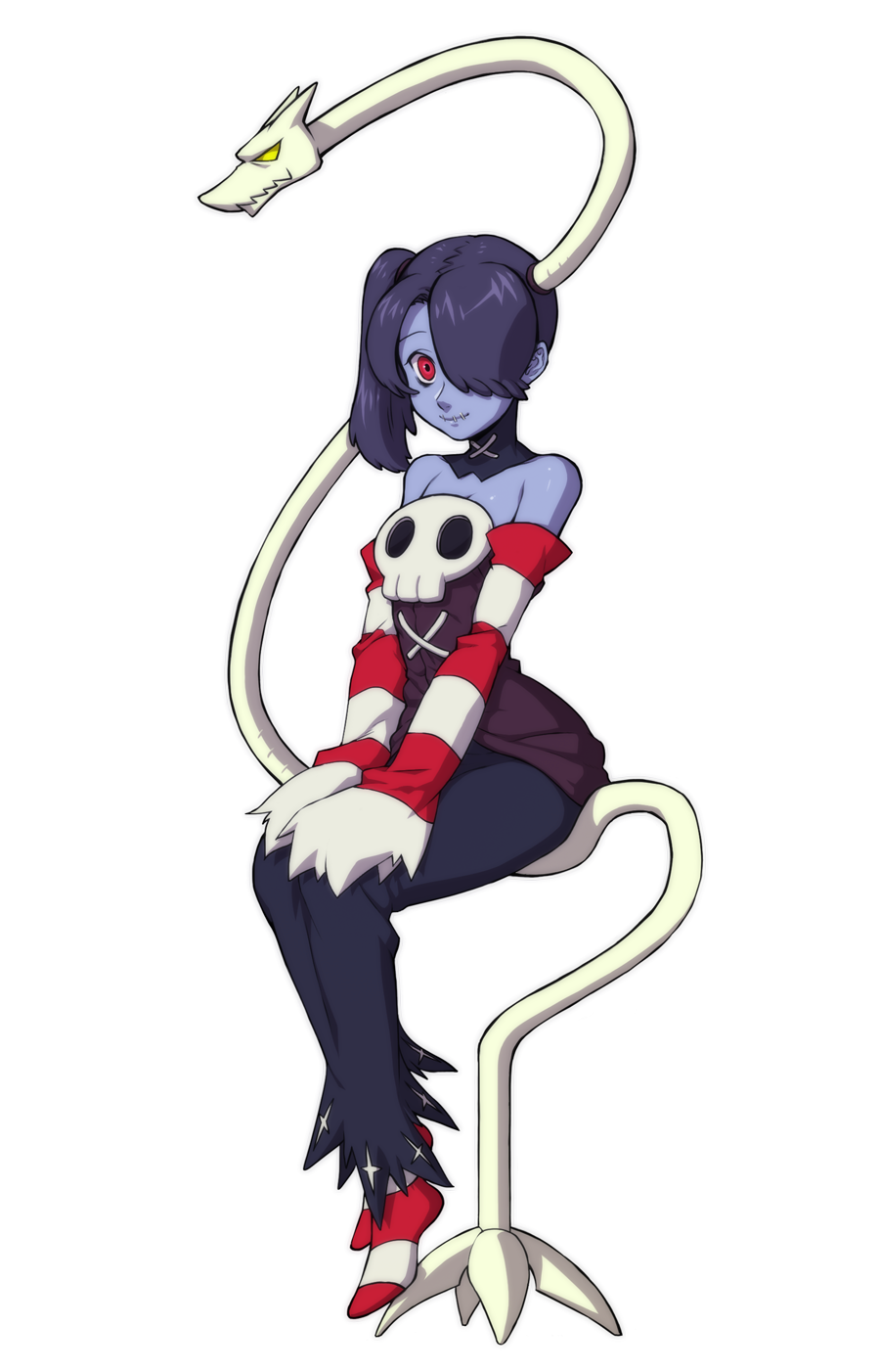 1girl, bare_shoulders, blue_skin, detached_collar, detached_sleeves, ganno, hair_over_one_eye, leviathan_(skullgirls)