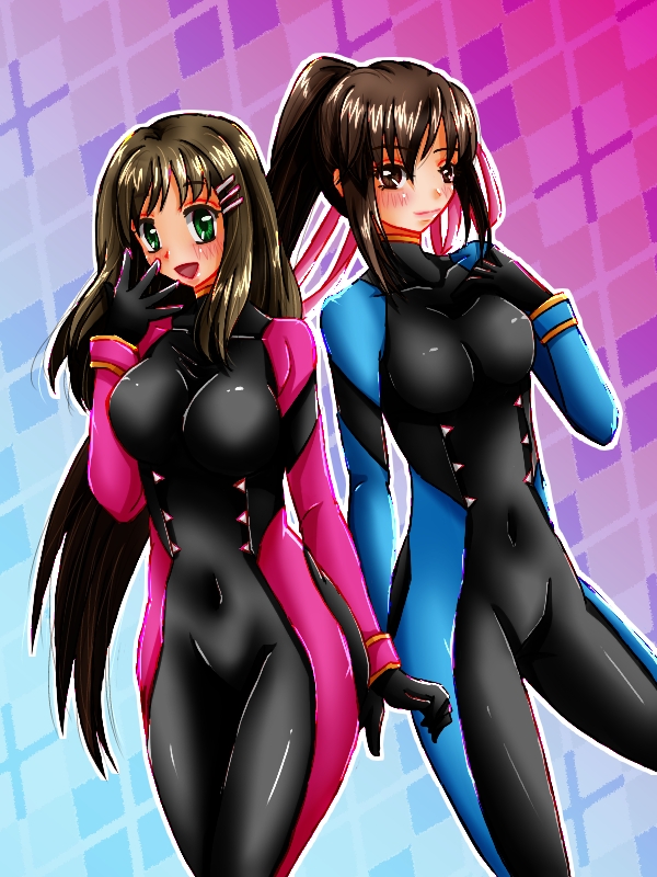 2girls, ayane, ayane_(cosplay), blush, bodysuit, breasts, brown_eyes, brown_hair, cosplay, covered_navel, dead_or_alive, gloves, green_eyes, hair_ornament, hair_ribbon, hairclip, kasumi_(doa), kasumi_(doa)_(cosplay), large_breasts, long_hair, multiple_girls, open_mouth, ponytail, ribbon, saionji_reimi, shiny, shiny_clothes, shiny_hair, skin_tight, smile, sophia_esteed, star_ocean, star_ocean_the_last_hope, star_ocean_till_the_end_of_time, suzuki_(almondcake), very_long_hair