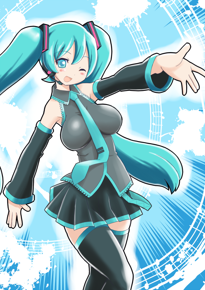 1girl, ;d, blue_eyes, blue_hair, eyebrows_visible_through_hair, female, hatsune_miku, looking_at_viewer
