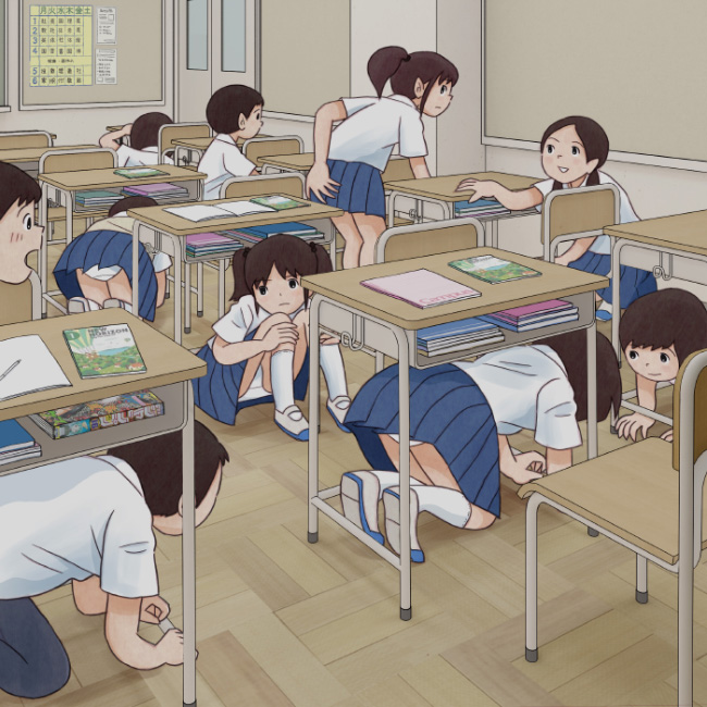 4boys, 6+girls, blue_skirt, child, classroom, kiyo_(kyokyo1220), multiple_boys, multiple_girls