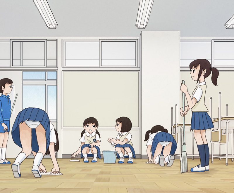 1boy, 5girls, blue_skirt, brown_eyes, brown_hair, child, classroom, kiyo_(kyokyo1220), looking_at_another, multiple_girls, original, panties, pleated_skirt, school_uniform, skirt, smile, socks, underwear, upskirt