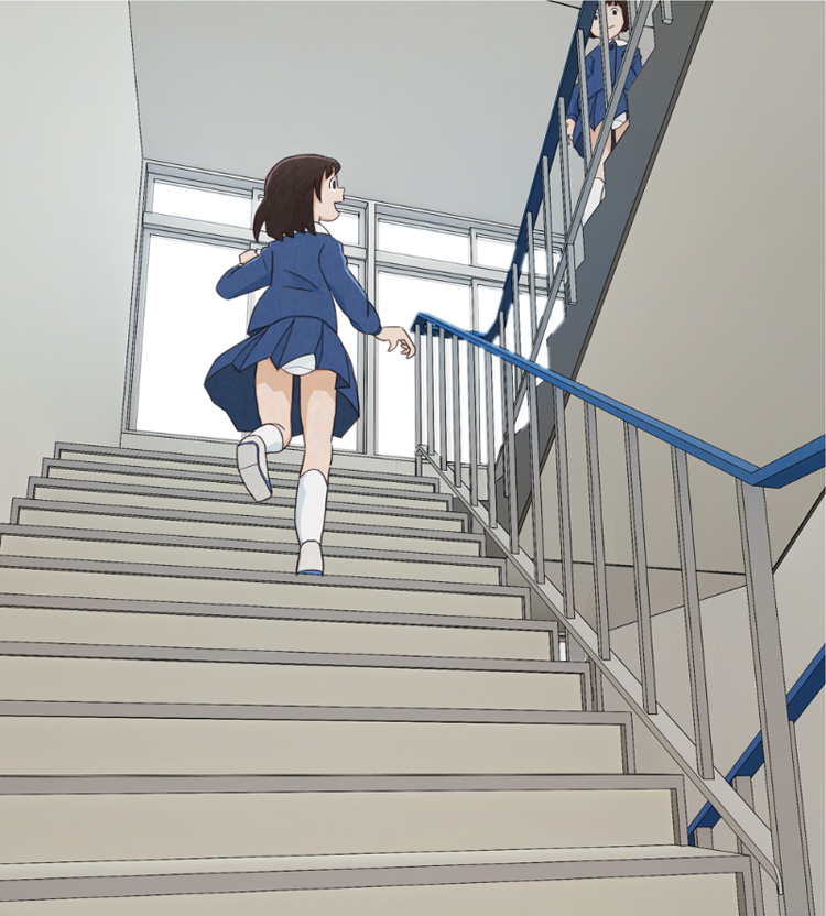2girls, blue_skirt, child, from_behind, from_below, kiyo_(kyokyo1220), looking_at_another, multiple_girls
