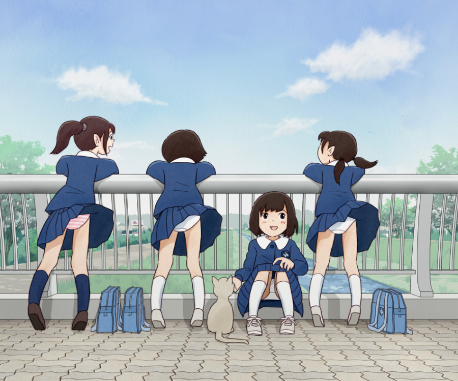 4girls, bag, blue_skirt, brown_eyes, brown_hair, cat, child, from_behind