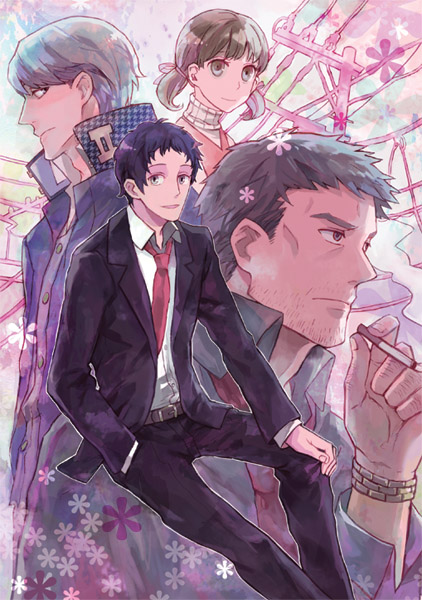 adachi_tohru, black_hair, brown_eyes, brown_hair, child, cigarette, doujima_nanako, doujima_ryoutarou, formal, jacket, narukami_yuu, necktie, persona, persona_4, ritsuko_(rittii), seta_souji, short_hair, silver_hair, smoking, suit, turtleneck, twintails