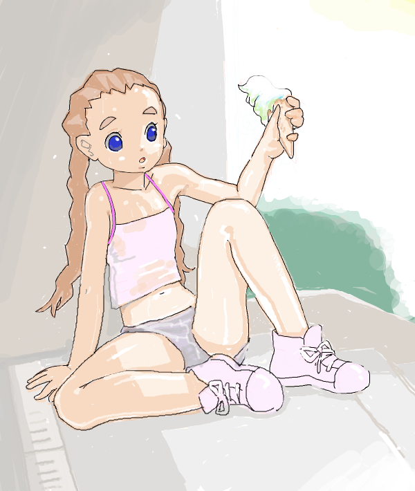 1girl, :o, arm_support, bare_shoulders, blue_eyes, child, d2s1, food, highlights, hot, ice_cream, long_hair, multicolored_hair, navel, sitting, spread_legs, sweat, sweating, twintails, undersized_clothes, wet, wet_clothes