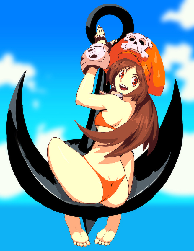 anchor, ass, bikini, breasts, brown_hair, clouds, daga, feet