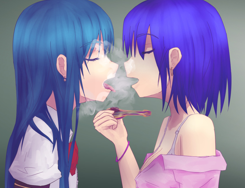 2girls, artist_request, bare_shoulders, blue_hair, bow, bowtie, bra, bracelet, breasts, cleavage, closed_eyes, collared_shirt, drugs, earrings, forced_to_smoke, grey_background, hinanawi_tenshi, holding, incipient_kiss, jewelry, long_hair, marijuana, multiple_girls, mutual_yuri, nagae_iku, neck, off_shoulder, open_clothes, open_mouth, open_shirt, pipe, purple_hair, shirt, short_hair, smoke, smoking, tongue, tongue_out, touhou, underwear, upper_body, yuri