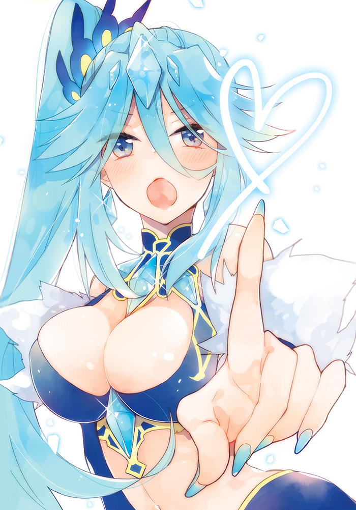 1girl, blue_eyes, blue_hair, breasts, cleavage, crystal, eliza_(sennen_sensou_aigis), fur_trim