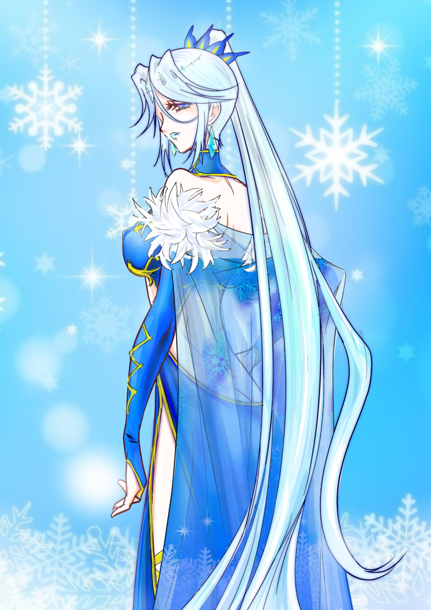 1girl, back, blue_eyes, blue_hair, earrings, eliza_(sennen_sensou_aigis), jewelry, long_hair