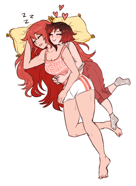 2girls, black_hair, dashingicecream, long_hair, multicolored_hair, multiple_girls, nail_polish, pyrrha_nikos, redhead, ruby_rose, rwby, short_hair, spooning, yuri