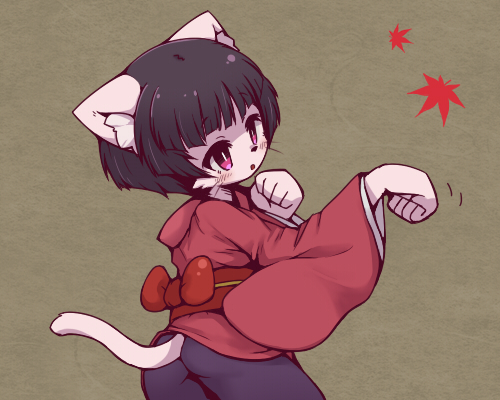 1girl, black_hair, cat, furry, japanese_clothes, omunikin, original, short_hair
