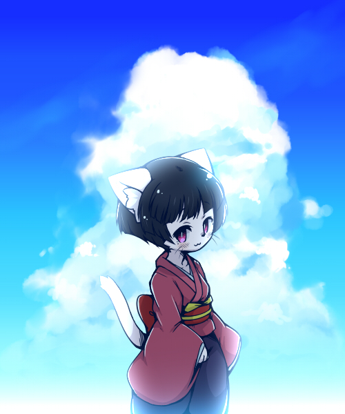 1girl, black_hair, cat, furry, japanese_clothes, omunikin, original, short_hair