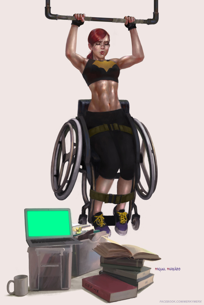 1girl, abs, barbara_gordon, batman_(series), biceps, book, closed_eyes, computer, crop_top, cup, dc_comics, fingerless_gloves, glasses, gloves, laptop, midriff, miguel_mercado, mug, navel, oracle, redhead, shoes, sneakers, solo, stomach, strap, toned, wheelchair