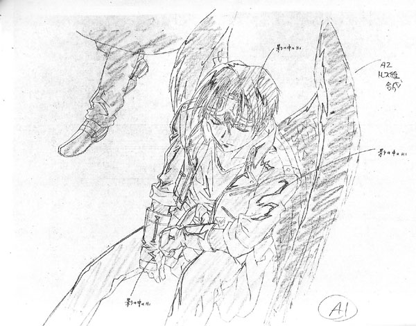 1boy, angel_wings, anime_opening, closed_eyes, concept_art, hidaka_ken, monochrome, weiss_kreuz, weiss_kreuz_gluhen, wings