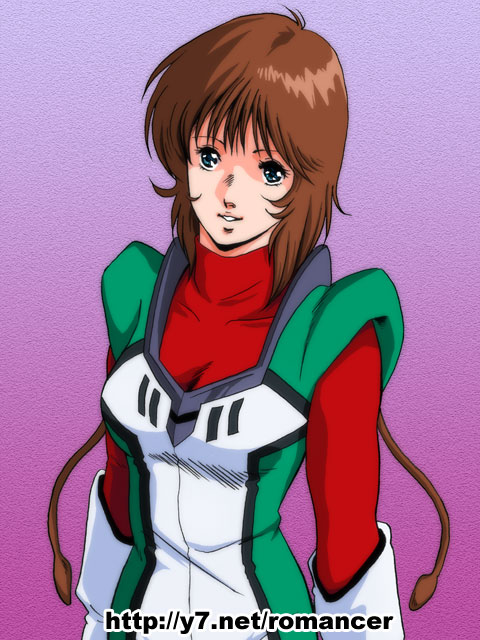 1girl, artist_name, brown_hair, choujikuu_seiki_orguss, emaan, female, gradient, gradient_background, mimsy_raas, mutant, orguss, prehensile_hair, romancer, solo