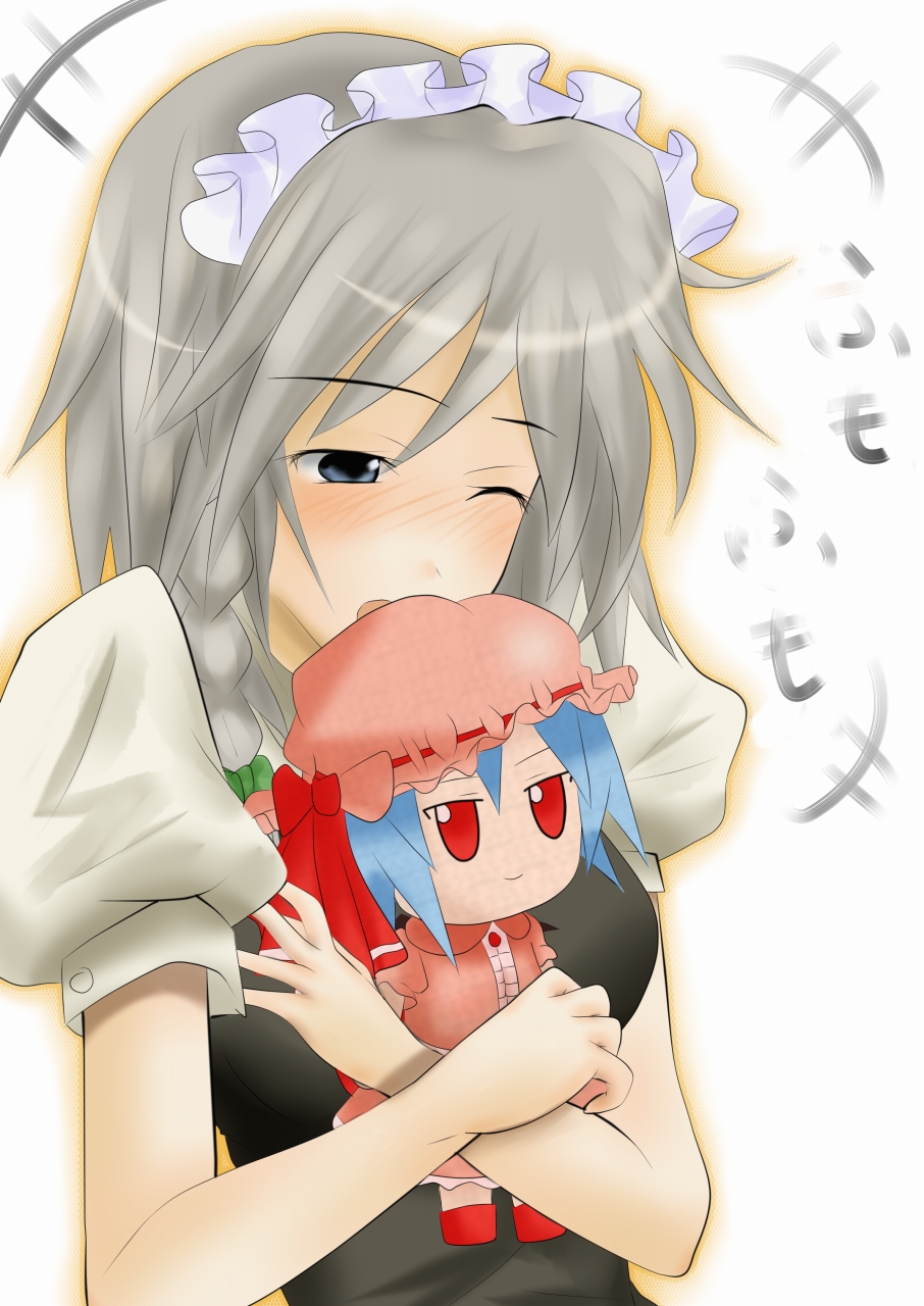 1girl, blue_eyes, blue_hair, doll, grey_hair, hair_ornament, hat, izayoi_sakuya