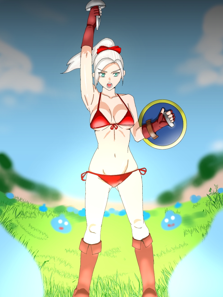 1girl, aqua_eyes, armpits, bikini, boots, breasts, cleavage, dragon_quest