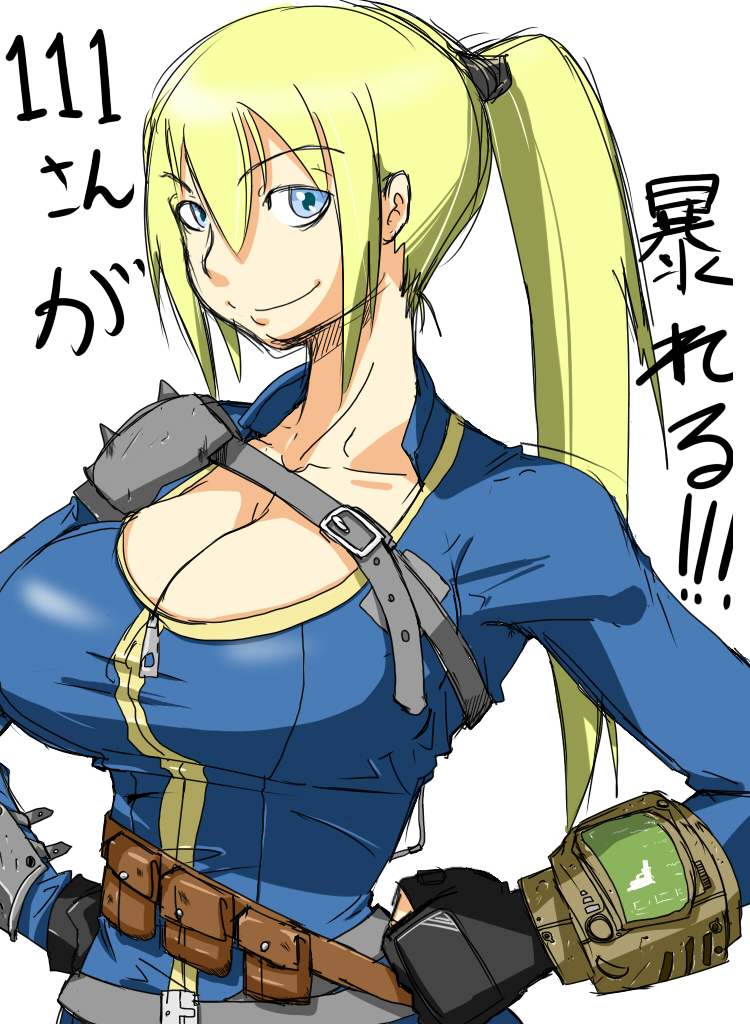 1girl, artist_request, blonde_hair, blue_eyes, breasts, cleavage, fallout, fallout_4, looking_at_viewer, ponytail, simple_background, solo, translation_request, vault_jumpsuit_(fallout_4), vault_suit